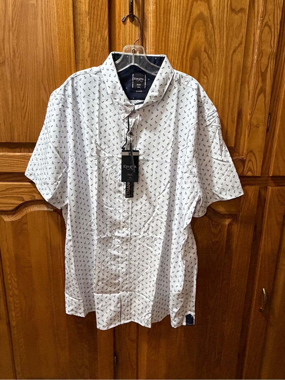 Men’s Size 3XL White Short-Sleeve Button-Up Shirt with‎ Micro Navy Anchor Print